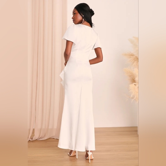 Lulus Eternal Bond White Satin Ruffled Flutter Sleeve Maxi Dress L Wedding Party - Picture 5 of 9